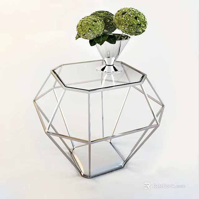 Geometric Diamond Shaped Coffee Table Silver Metal Frame Glass Top With Vase And Green Hydrangea 3d model 