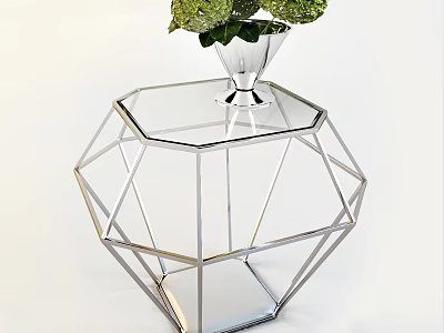 Geometric Diamond Shaped Coffee Table Silver Metal Frame Glass Top With Vase And Green Hydrangea 3d model