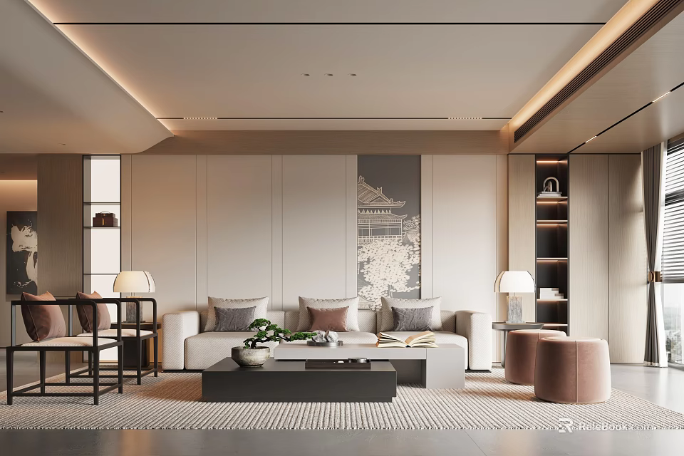 Modern Living Room Interior Design With Sofa Coffee Table Rug And Decorative Painting 3d model 