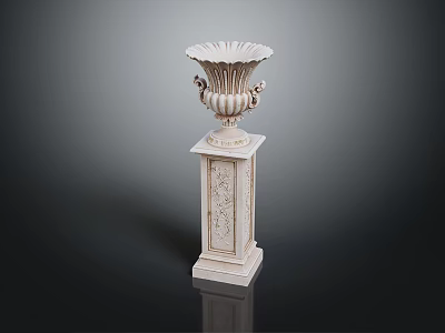 White Classical Carved Pedestal Column With Intricate Details And Decorative Vase Top 3d model
