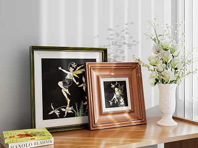 Decorative Framed Artworks with White Vase and Coffee Table Book on Wooden Shelf 3d model