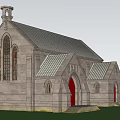 Gray Stone Church Exterior With Red Door Steeple Tower Surrounding Trees And Blue Sky Clouds