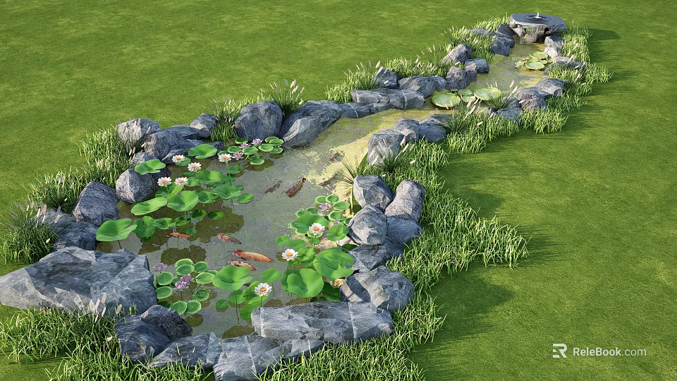 Beautiful Waterside Landscape With Green Grass Rocks Pond Water Lilies And Fish 3d model 