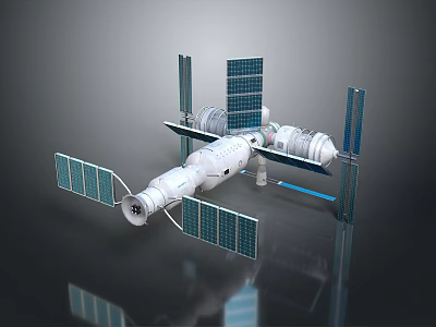 Detailed Space Station 3D Model with Solar Panels and Connected Modules 3d model
