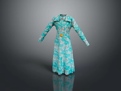 Man Modeling Turquoise Floral Long Sleeve Dress With Belt And Collar Design 3d model