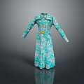 Man Modeling Turquoise Floral Long Sleeve Dress With Belt And Collar Design