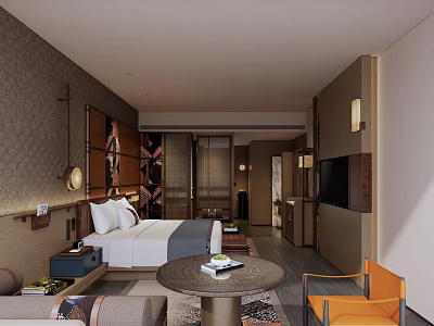 Modern Hotel Guest Room Interior With Comfortable Bed Sofa Coffee Table And TV 3d model