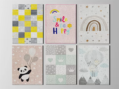 Colorful Square Rugs with Rainbow Panda Hot Air Balloon Stars Hearts Crown Patterns 3d model