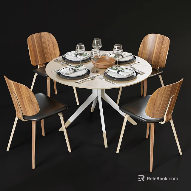 Modern Round Dining Table Set With White Tabletop Four Wooden Backrest Chairs and Dinnerware 3d model