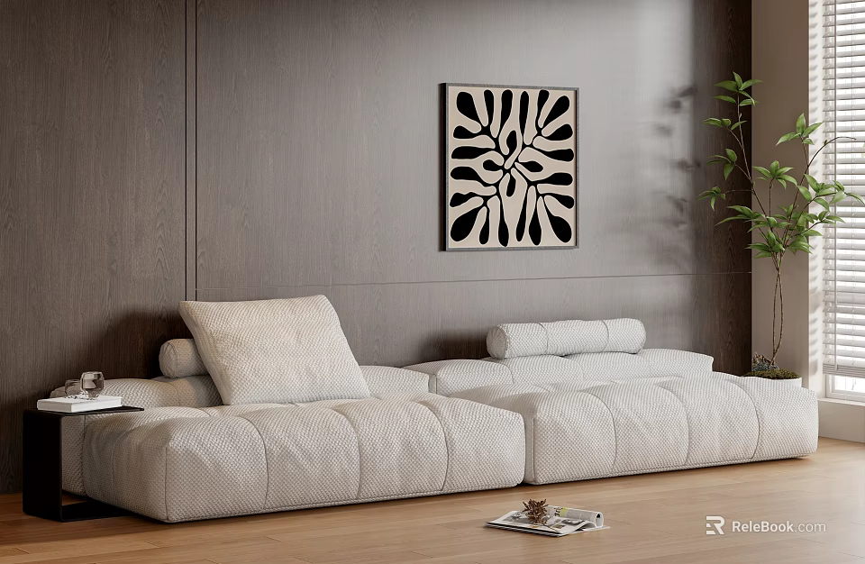 White Sectional Sofa With Cushions In Modern Living Room Wooden Wall Art And Green Plant 3d model 