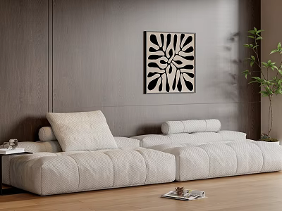 White Sectional Sofa With Cushions In Modern Living Room Wooden Wall Art And Green Plant 3d model