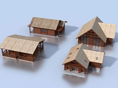 Various Wooden Houses With Different Roof Styles And Exterior Designs 3d model