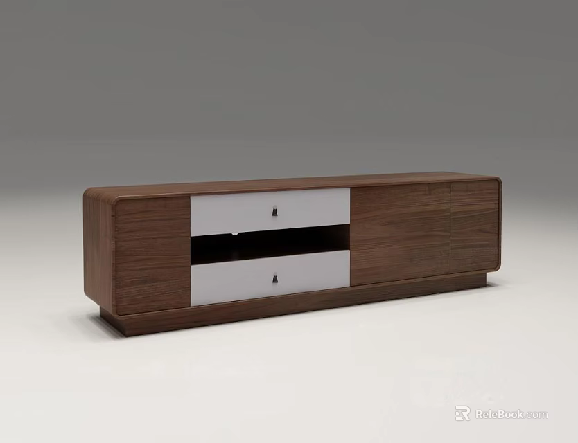 Modern Walnut TV Stand With White Panel Storage Drawers And Sleek Design 3d model 