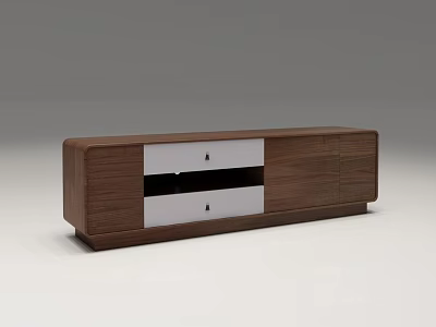 Modern Walnut TV Stand With White Panel Storage Drawers And Sleek Design 3d model