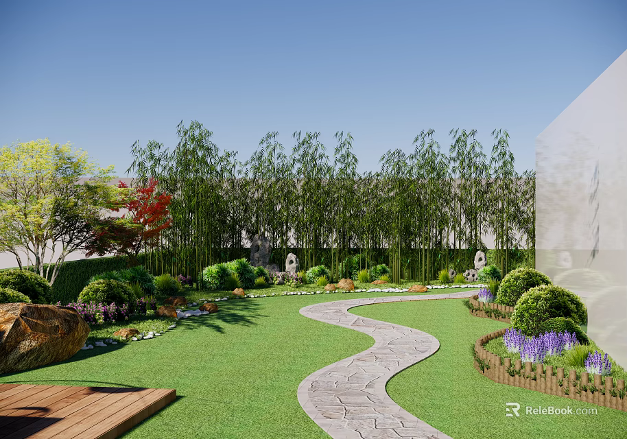 Courtyard Garden Design With Curved Stone Path Green Lawn Bamboo And Flowering Bushes 3d model 