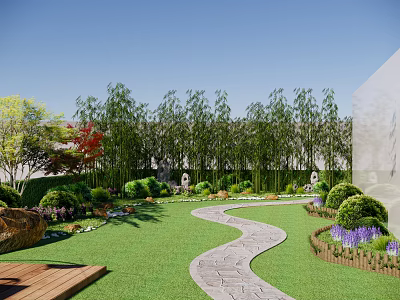 Courtyard Garden Design With Curved Stone Path Green Lawn Bamboo And Flowering Bushes 3d model