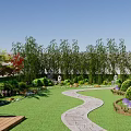 Courtyard Garden Design With Curved Stone Path Green Lawn Bamboo And Flowering Bushes