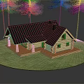 Wooden Log Cabin Exterior Design With Black Roof Chimney Green Lawn Porch And Windows