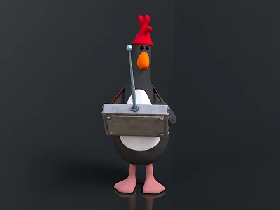 Cartoon Penguin Character Wearing Red Hat Holding Metal Box With Microphone 3d model