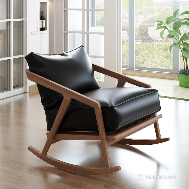 Comfortable Black Leather Rocking Chair With Wooden Frame In Modern Bright Interior 3d model 