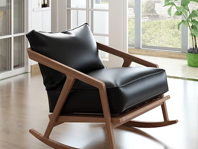 Comfortable Black Leather Rocking Chair With Wooden Frame In Modern Bright Interior 3d model