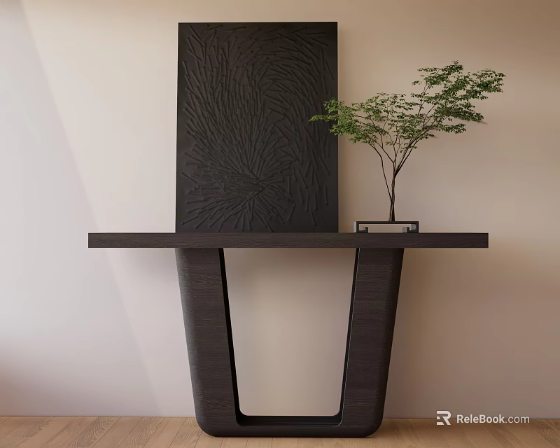 Modern Black Console Table with Patterned Decorative Panel and Green Plant in Minimalist Interior 3d model