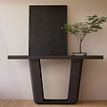 Modern Black Console Table with Patterned Decorative Panel and Green Plant in Minimalist Interior 3d model