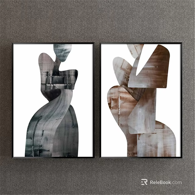 Abstract Paintings Two Framed Artworks Featuring Geometric Shapes and Human Figure Silhouettes on Wall 3d model 