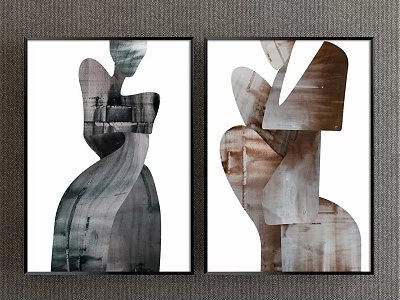 Abstract Paintings Two Framed Artworks Featuring Geometric Shapes and Human Figure Silhouettes on Wall 3d model