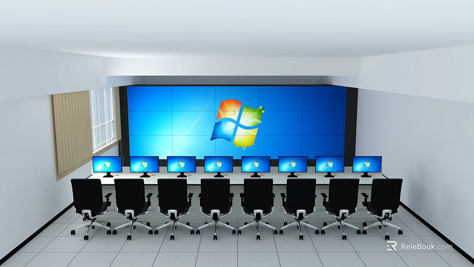 Modern Control Room Featuring Large Blue Screen Wall Multiple Monitors And Black Chairs 3d model