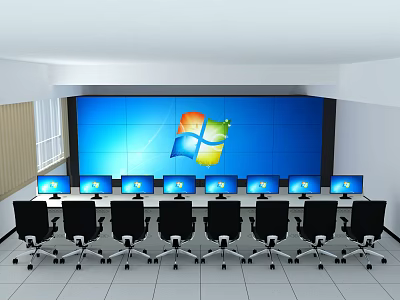 Modern Control Room Featuring Large Blue Screen Wall Multiple Monitors And Black Chairs 3d model