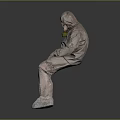 The Man Sitting In Full Protective Suit With Yellow Gas Mask