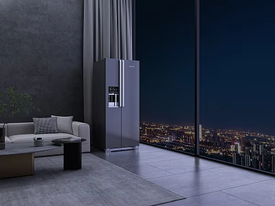 Modern Living Room With Sofa Refrigerator And Floor to Ceiling Window Night View 3d model