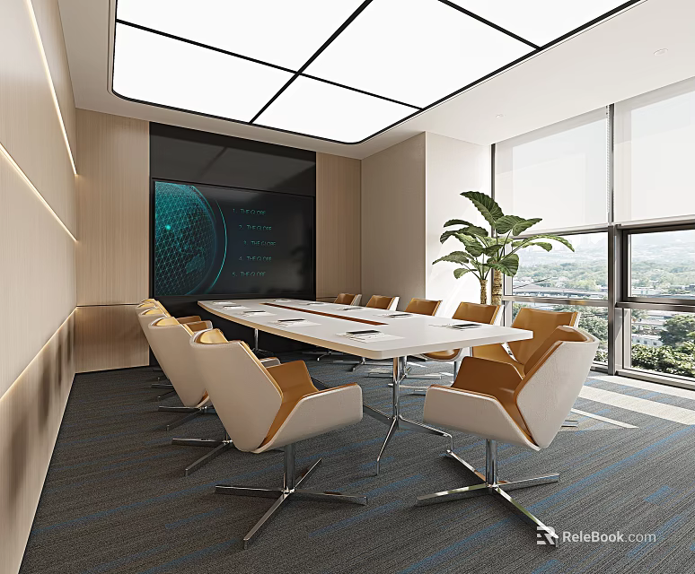 Modern Conference Room Interior Featuring Long Table Comfortable Chairs Large Digital Screen And Natural Light 3d model