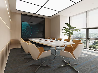 Modern Conference Room Interior Featuring Long Table Comfortable Chairs Large Digital Screen And Natural Light 3d model