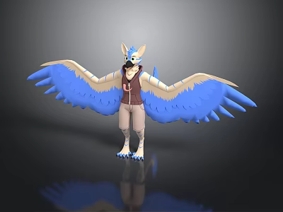 Anthropomorphic Animal With Blue And White Wings Brown Vest Khaki Pants Standing Pose 3D Render 3d model