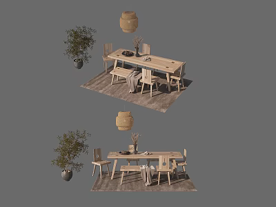 Wooden Dining Table Set With Chairs Pendant Light Plant And Rug 3d model