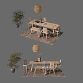 Wooden Dining Table Set With Chairs Pendant Light Plant And Rug