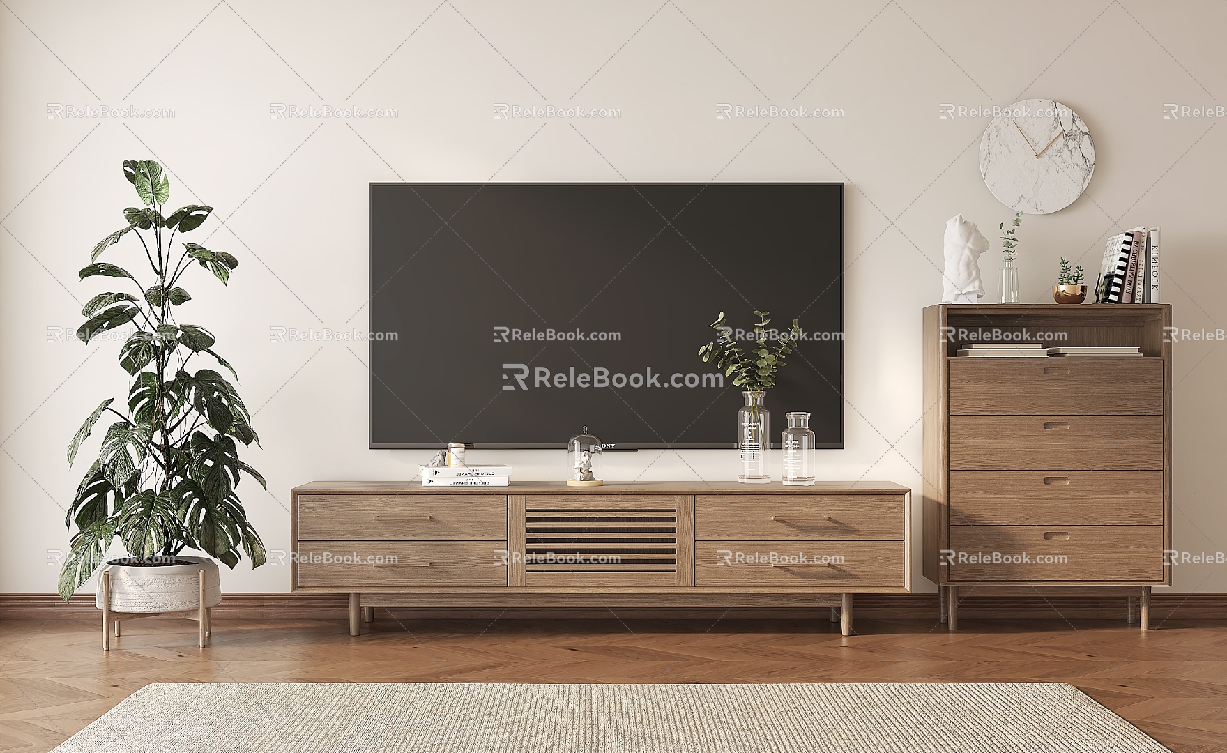 Nordic TV Cabinet Side Cabinet TV Book Decoration Floor-Standing Potted Plant 3d model