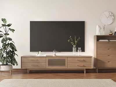 Modern Wooden TV Stand With Storage Cabinet Green Plants Wall Clock And Decor Items 3d model