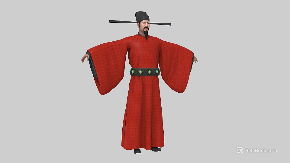Man In Ancient Chinese Traditional Red Robe With Black Official Hat Wide Sleeves Green Belt 3d model 