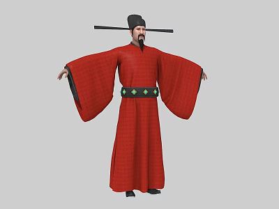 Man In Ancient Chinese Traditional Red Robe With Black Official Hat Wide Sleeves Green Belt 3d model