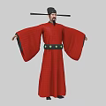 Man In Ancient Chinese Traditional Red Robe With Black Official Hat Wide Sleeves Green Belt