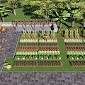Rural Landscape Featuring Organized Vegetable Garden Various Crops Trees Pergola And Stone Paved Ground