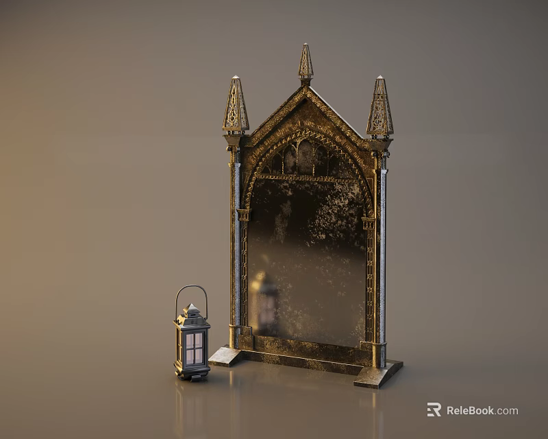 Gothic Style Decorative Mirror Featuring Ornate Spires And Intricate Frame With Small Vintage Lantern 3d model 