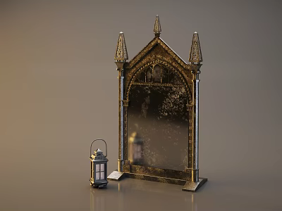 Gothic Style Decorative Mirror Featuring Ornate Spires And Intricate Frame With Small Vintage Lantern 3d model