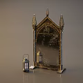 Gothic Style Decorative Mirror Featuring Ornate Spires And Intricate Frame With Small Vintage Lantern