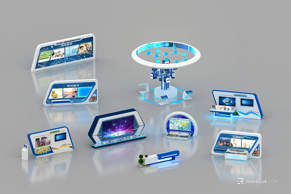 Modern Tech-Inspired Display Shelves in Various Shapes with Screens and Blue Lighting 3d model 