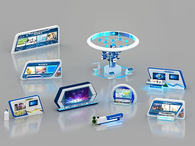 Modern Tech-Inspired Display Shelves in Various Shapes with Screens and Blue Lighting 3d model