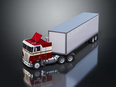 Red and White Semi Truck with Sleek Cab and White Container Trailer on Reflective Surface 3d model